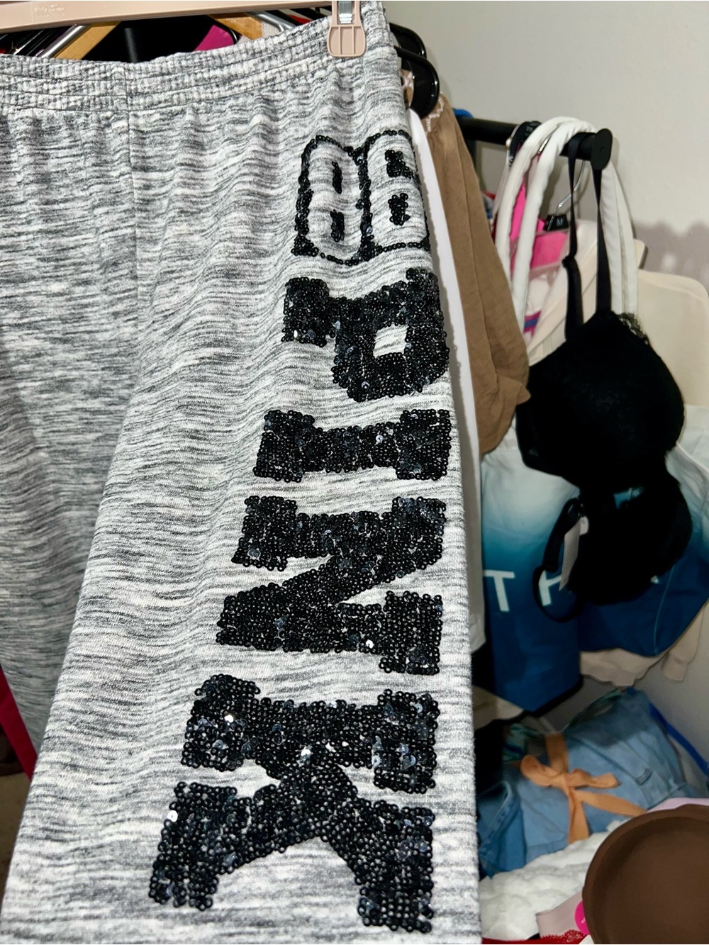 Vintage PINK Victoria's Secret Gray Marled Sequin Bling Logo Hoodie & Jogger Set - Picture 3 of 16
